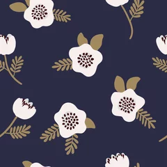 Foto auf Alu-Dibond Floral seamless pattern White and gold flowers on blue. Hand-drawn pattern design wrap paper, fabric, wallpaper, card © Irina