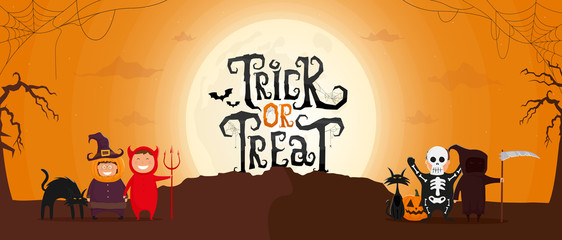 Trick or Treat scary black lettering in the moonlight. Funny kids in Halloween costume. Vector illustration.