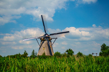 Traditional Dutch windmill for water management in Kinderdijk, Netherlands.