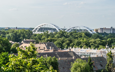 Fototapeta premium Novi Sad, Serbia - July 17. 2019: Zezelj bridge on river Danube in Novi Sad Serbia