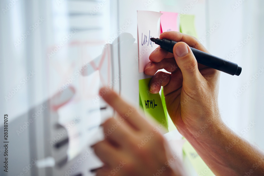 Wall mural web designer planning website ux app development on white board