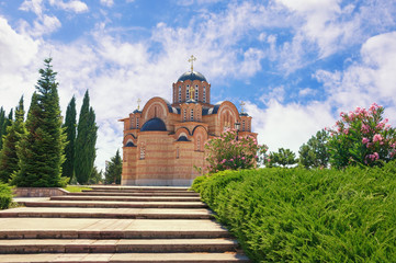Religious architecture. View of Hercegovacka Gracanica - Serbian Orthodox monastery - on sunny summer day. Trebinje city, Bosnia and Herzegovina