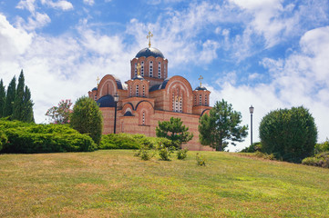 Fototapeta na wymiar View of Serbian Orthodox monastery - Hercegovacka Gracanica - on sunny summer day. Trebinje city, Bosnia and Herzegovina