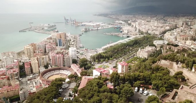 Malaga with Placa de Torros from castle in sunny time. Andalusia, Spain 