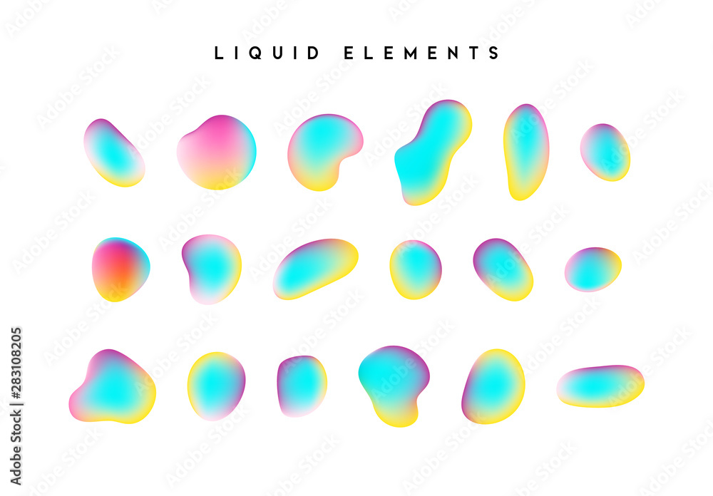 Poster gradient iridescent shapes. set isolated liquid elements of holographic chameleon design palette of 