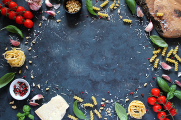 Ingredient for cooking on dark background. Top view with copy space. Cooking concept.