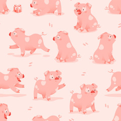 Background with cartoon funny pig. Cute pattern pig