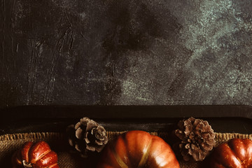 Rustic Halloween or Thanksgiving holiday background with mini pumpkins top view on texture...