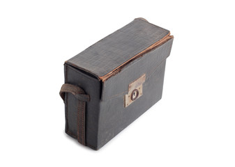 Old leather suitcase on a white background