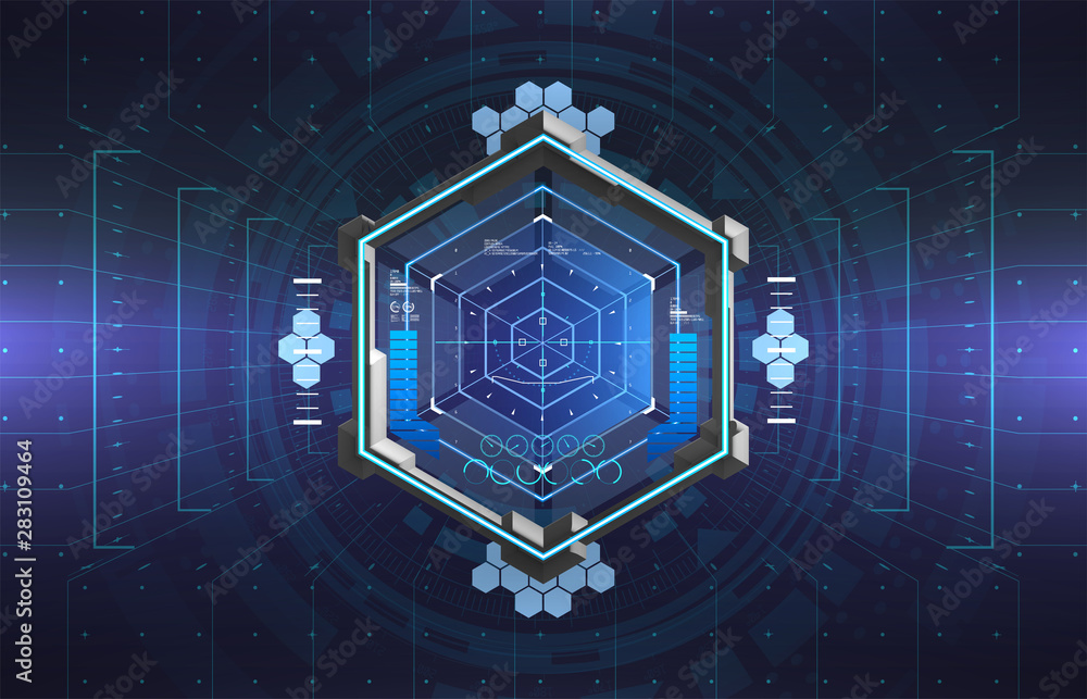 Poster Futuristic modern aiming system. Sci-fi futuristic spaceship crosshair. Outline HUD user interface. Full Color interface. Techno target screen elements. Abstract Technology background. Vector gadget