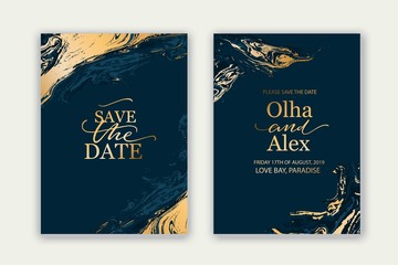 Luxury brochure, cover, wedding card template with geometric frame. Blue and gold marble texture.