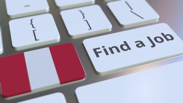 FIND A JOB text and flag of Peru on the buttons on the computer keyboard. Employment related conceptual 3D animation