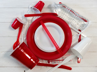 Ban on single use plastics concept. Environmentally concious image with disposable plastics.