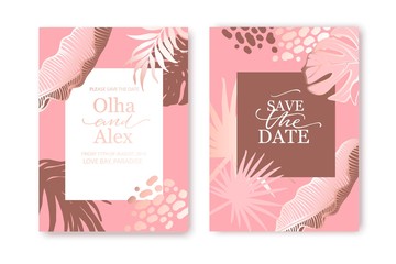 Set of elegant brochure, card, background, cover. Blush and rose gold texture. Geometric frame. Palm, exotic leaves. Save the date, invitation, birthday card design.