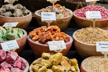 Various kinds of incense in Jerusalem market: amber, frankincense, messer, patcholi, musk, jerusalem incense
