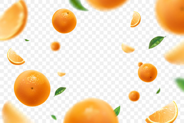 Falling juicy oranges with green leaves isolated on transparent background. Flying defocusing slices of oranges. Applicable for fruit juice advertising. Vector illustration. - obrazy, fototapety, plakaty