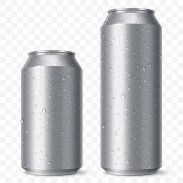 Blank beer can mock up with condensation droplets. Small and aig aluminium soda can isolated on transparent background. Realistic drink packaging. Vector eps 10.