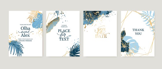 Fototapeta na wymiar Set of elegant brochure, card, background, cover. Blue watercolor texture. Geometric frame. Palm, exotic leaves. Save the date, invitation, birthday card design.
