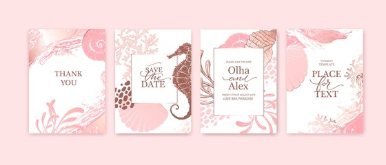 Set of wedding cards, invitation. Save the date sea style design. Romantic beach wedding summer background. Hand drawn seashells with rose gold texture.