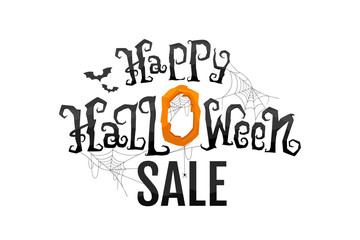 Happy Halloween sale special offer banner isolated on white background. Scary calligraphy lettering. Vector Illustration.