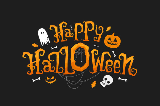 Happy Halloween vector lettering with traditional elements. Holiday Illustration on black background for Halloween day.