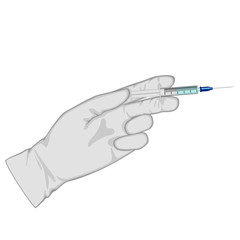 Vector illustration. Hand in medical glove with syringe. Close up view. For medical publications, immunization and vaccination campaign of people against infection and bacterial disease