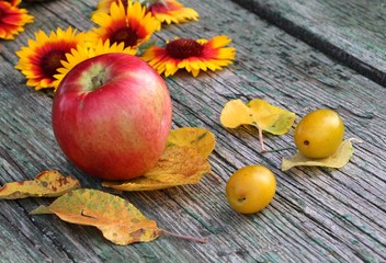 Naklejka na ściany i meble Seasonal red ripe apple, daisy flowers,yellow leaves and plums on wooden rustic table. Autumn background.