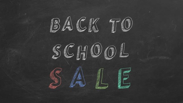 Hand drawing and animated text "Back to School SALE" on blackboard.