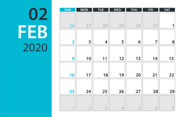 February 2020 Calendar Planner - vector illustration. Template. Mock up.