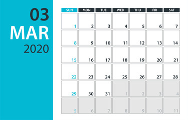 March 2020 Calendar Planner - vector illustration. Template. Mock up.