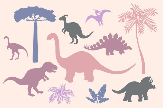 Set of colorful dinosaur silhouettes on pink background