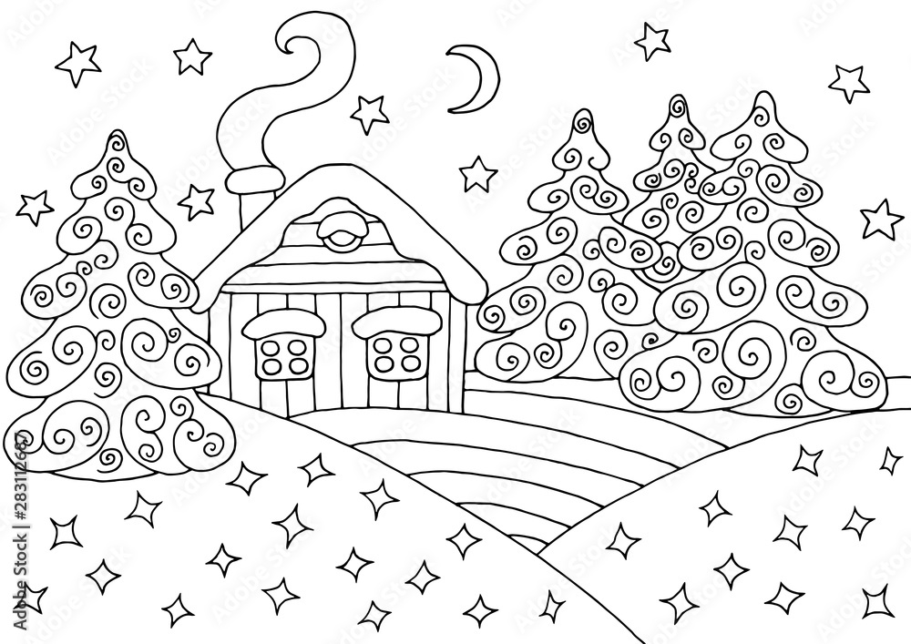 Wall mural house in the winter forest - coloring page