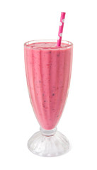 Fresh berry mix smoothie from strawberries, blackberries, blueberries and raspberries in a tall glass on a white background isolated