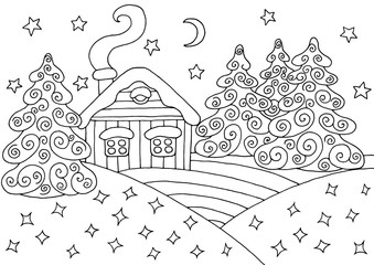House in the winter forest - coloring page