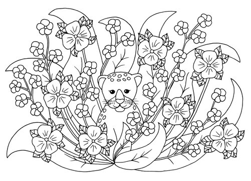 Coloring page with flowers and cute leopard cub