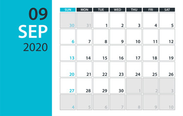 September 2020 Calendar Planner - vector illustration. Template. Mock up.