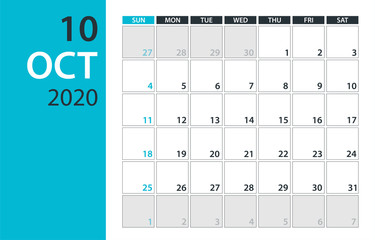 October 2020 Calendar Planner - vector illustration. Template. Mock up.