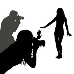 Naklejka premium Vector silhouettes of photographers man and woman and a young girl posing in front of cameras. Close-up of Paparazzi waist-high. Rare cameras.