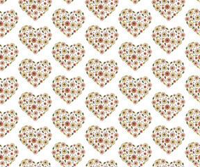 Seamless pattern of heart-shaped flowers. Vector drawing in Doodle style. Cute, summer background for romantic design. Pink, green, yellow. Stylized flowers and herbs on white background.