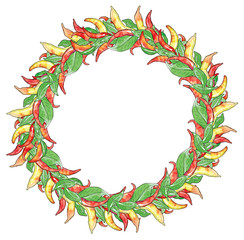 Watercolour Wreath Chili Plant Illustration With Red and Yellow Peppers