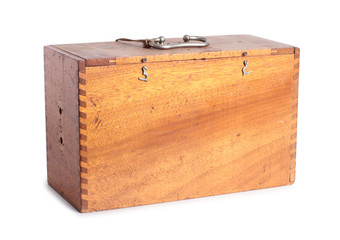 Vintage wooden tool box on a white background