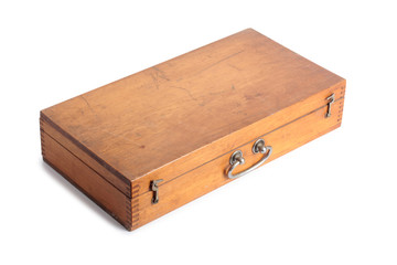 Vintage wooden tool box on a white background