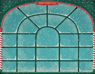 Winter frosty background with  ice window for  holiday greeting card with Christmas or New Year. 