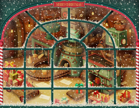 Holiday greeting card or poster with vintage Toy factory for Christmas or New Year. 3D image. 