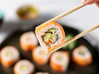 Closeup of a Japanese roll with salmon