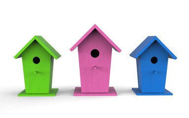 Three colorful birdhouses, 3d render. Bird boxes isolated on a white background.