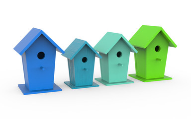 Four colorful birdhouses, 3d render. Bird boxes isolated on a white background.