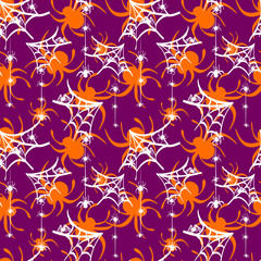 Naklejka premium orange and white spiders drawn on a dark violet background