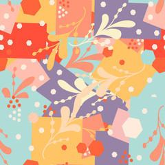 Fototapeta na wymiar background with geometric figures and abstract flowers of blue and pink colors with orange