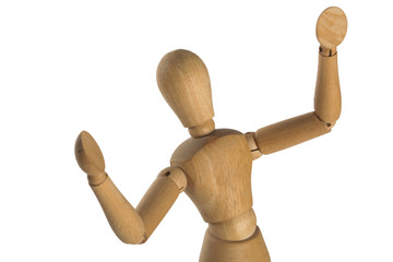Wooden doll, excited, surprised, is afraid